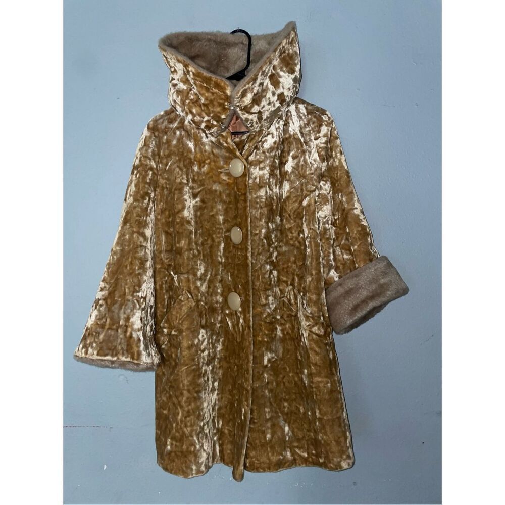 Vintage crushed velvet coat faux fur trim pockets size 14